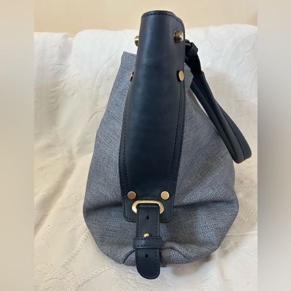 Anthropologie Blue Fabric and Leather Look Handbag with Metal Detail - Picture 3 of 9
